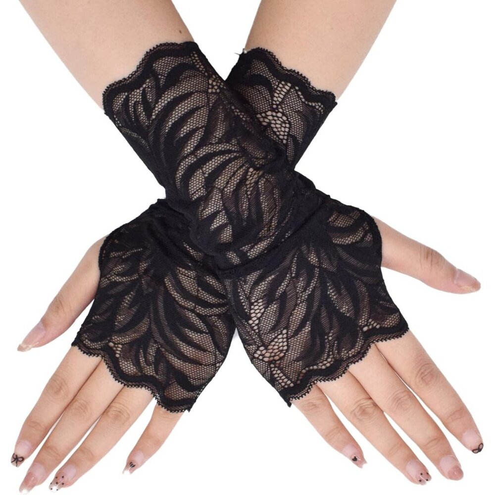 Women's St132-G-Black Elegant Floral Lace Fingerless Short Gloves Party Prom